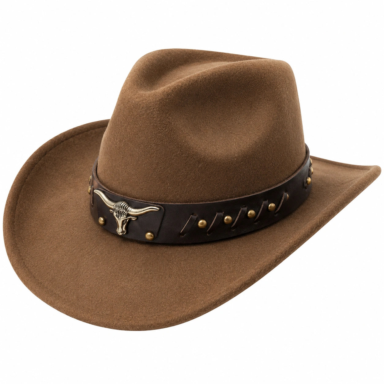 Brauner Cowboyhut mit Lederband und Stierkopf-Applikation