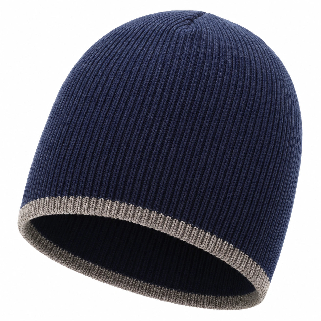 Dunkelblaue Beanie-Mütze mit Grauem Rand